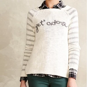 Anthropologie Pullover M MOTTE französische JE T'ADORE Liebesstreifen silber Rundhalsausschnitt neu mit Etikett - Bild 1 von 3