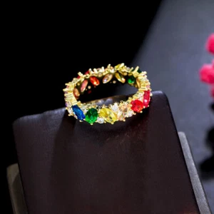 Colorful Oval Cubic Zircon CZ Yellow Gold Plated Rainbow Ring Costume Jewellery - Bild 1 von 20
