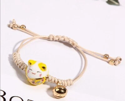 Moda Niña/Mujer Lindo Gato de la Suerte Cuentas de Cerámica Ajuste Cuerda Pulsera 4"-9.3" Foto 1 de 4