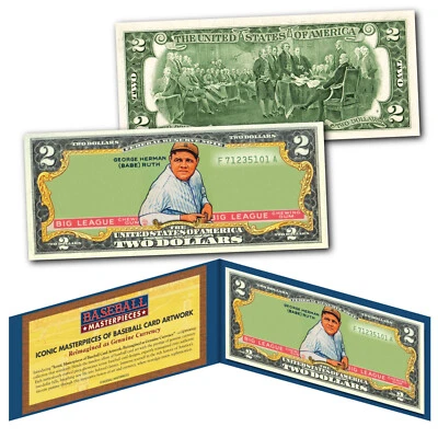 BABE RUTH 1933 Goudey #181 (Green) Yankees iconic Card Art on Genuine $2 US Bill - Image 1 of 3
