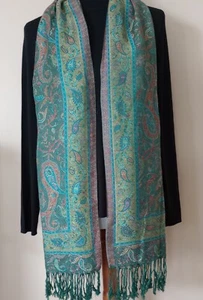 Scarf Shawl Wrap Teal Red Black Gold Paisley Floral Border Fringe Reversible 80" - Picture 1 of 7