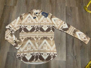 Polo Ralph Lauren Shirt Brown Taupe Oxford Southwestern Aztec Womens Sz Medium - Picture 1 of 11