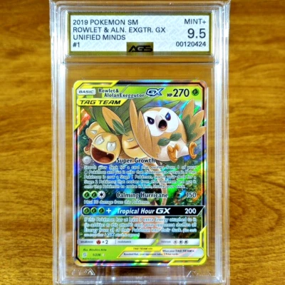 Pokemon Unified Minds Rowlet & Alolan Exeggutor GX 1/236 AGS Mint+ 9.5 Holo 2019 - Image 1 of 3
