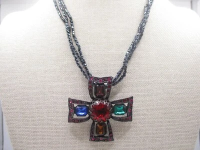 De Colección Robert Rose Cruz Maltesa Colgante Collar Cuentas de Vidrio Negro 0042 Foto 1 de 4