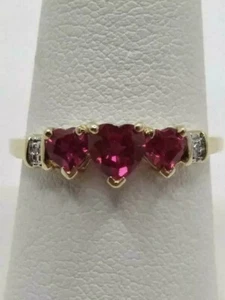 2CT Heart Cut Lab Created Ruby Diamond Three Stone Ring 14K Yellow Gold Plated - Picture 1 of 5