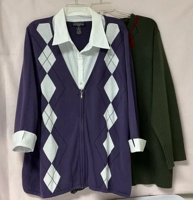 Two Argyle Sweaters Women’s 3X Purple With Attached Shirt-Green With Red & Tan - Image 1 of 4