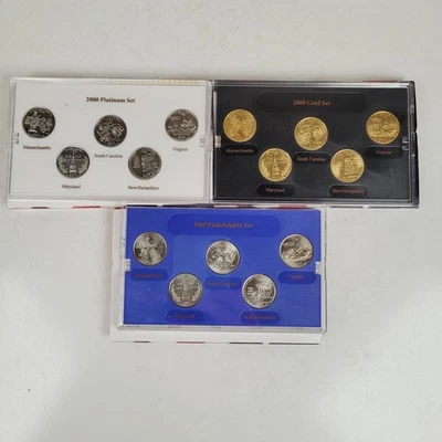 3- 2000 STATE QUARTER GOLD PLATINUM P EDITIONS 5 COINS SETS LIMITED MINT - Image 1 of 4
