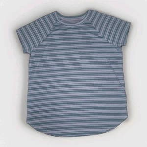 Athleta Girl Blue Teal Stripe Raglan Sleeve Mesh Insert Comeback Tee Top L 12 - Picture 1 of 4