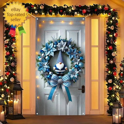 Juego de pancartas de puerta de invierno 35X71 pulgadas gnomo Navidad con cinta a rayas azules y P Foto 1 de 4