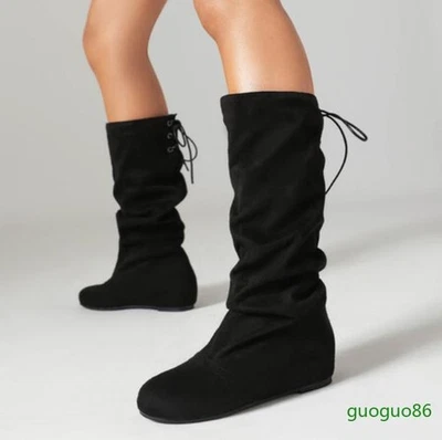 Botas informales de invierno para mujer con tacón de cuña a media pantorrilla con cordones zapatos informales de gran tamaño Foto 1 de 4