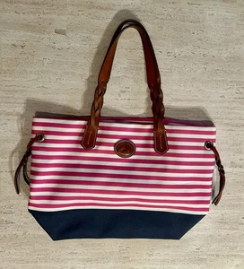 Dooney Bourke Women's Large Canvas Handbag Tote Bag Pink White Stripe Blue *READ - Picture 1 of 20