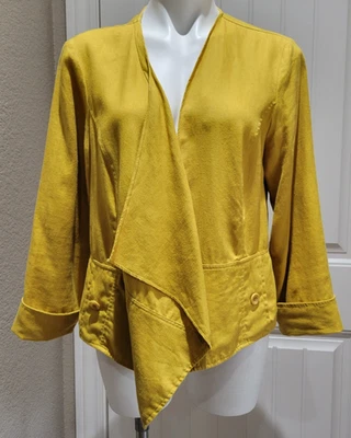 Elliott Lauren 100% Linen Jacket Size 10 Mustard Draped Open Front Cuffs Pockets - Image 1 of 4