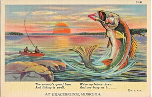 Big Fish Serie Bracebridge Muskoka HUMORVOLL Teich Leinen Postkarte 1937 U - Bild 1 von 2