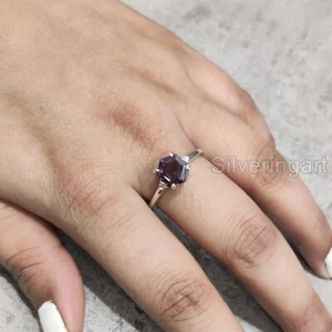 NATURAL ALEXANDRITE JUNE BIRTHSTONE 925 STERLING SILVER WOMEN SOLITAIRE CZ RING - Picture 1 of 6