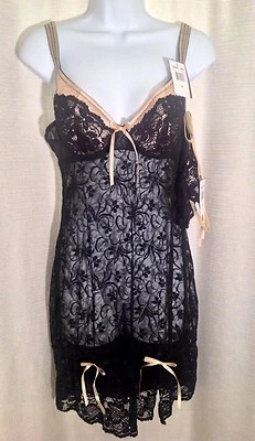 DONNA L'OREN Womens Size Medium SEXY Black LACE Sheer 2-Piece Nightie Thong Set  - Image 1 of 4