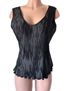 Women L Tank Top Escapades Black Accordion Pleat Silky Wide Straps -Made in USA - Picture 1 of 9