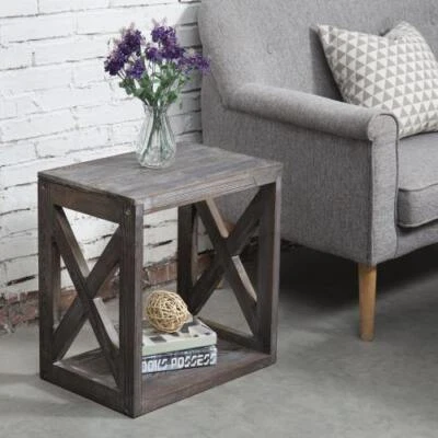 Vintage Gray Wood Side End Table with X Design and Bottom Storage Shelf - Image 1 of 4