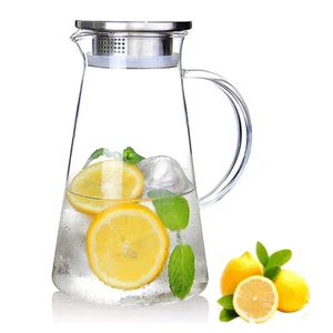 53oz Glass Pitcher Stainless Lid Hot & Cold Glass Pitcher with Handle Iced Tea - Picture 1 of 13