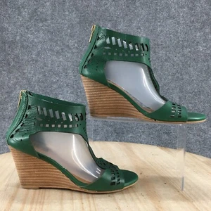 Diba Heels Womens 6 M Casual TStrap Back Zip Ankle Strappy Green Leather Wedge - Picture 1 of 19