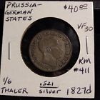 1827d Prussia, German States 1/6 Thaler Coin