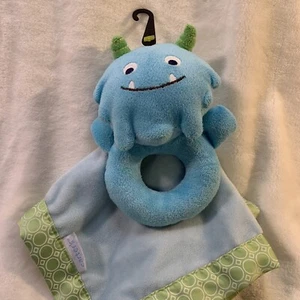 Carters Plush Blue Monster Security Blanket Rattle Lovey Stuffed Animal Toy Baby - Picture 1 of 12