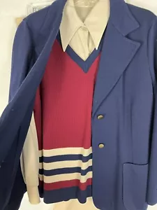 Vintage 70s Beige Navy Maroon 4 PC Suit Set Double Knit Pant Vest Jacket 18 - Picture 1 of 13