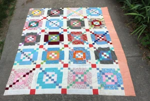 Antik Patchwork Futter Mehlsack Quilt Top 68,75 x 85,25" hat noch Sackstempel - Bild 1 von 17