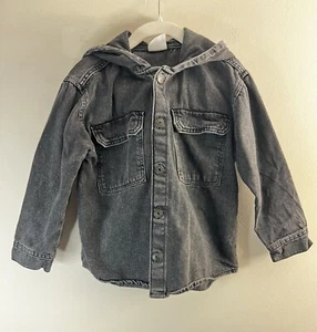 Zara boys black denim shirt hoodie jacket snap buttons long sleeve flap pockets - Picture 1 of 6