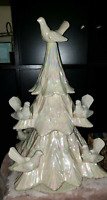 Vintage 24"  Iridescent 4 Pc  White Ceramic Christmas Tree w/ 8 Doves Candelabra
