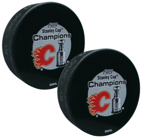 Calgary Flames Vintage 1989 Stanley Cup Champions Puck Set (2-Pack) Cover