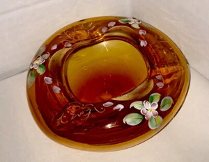 Vintage Bohemian Czech Glass Flower Hand Painted Amber Ashtray - Picture 1 of 8