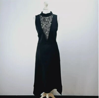 Anthropologie Midi Dress Mock Neck Lace Inset Fit & Flare Black Size Large - Image 1 of 4