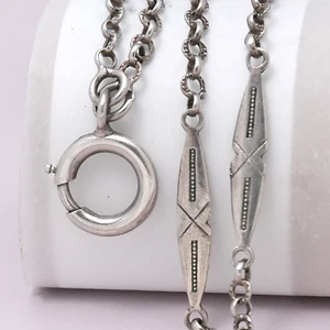 Antique Victorian French Sterling Silver Fancy Bar Link Cable Chain 56" Necklace - Picture 1 of 5