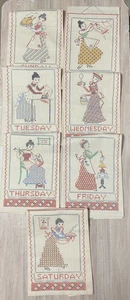 Juego de 7 toallas de té vintage bordadas a mano ama de casa días de la semana - Imagen 1 de 24