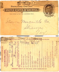 🚩US BRIEFMARKE #UX14 Dallas Tx, 1899, vorgedrucktes Getreideauftragsformular 💥RAR /RARITÄT💥 - Bild 1 von 3