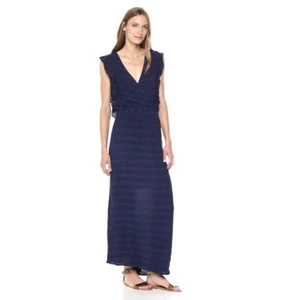 Michael Stars Plisse Striped Ruffle Maxi Dress Sleeveless Navy Blue Size M - Picture 1 of 14