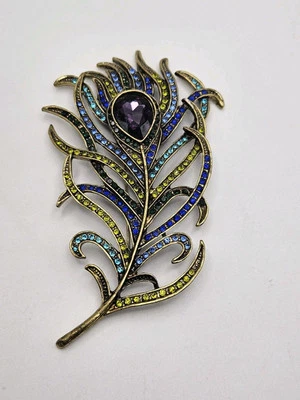 Heidi Daus Peacock Feather Crystal Large Pin Brooch Purple Blue Green  - Image 1 of 4