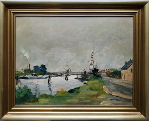 Gemälde Öl Landschaft Norddeutsch Varel Hafen Emil Brose Signiert - Picture 1 of 10