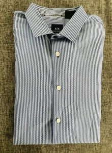 Armani Exchange A/X Industrial Blue & White Striped Flax Cotton Casual Shirt LG - Picture 1 of 10