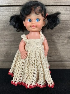 VTG Made In Hong Kong 8” Plastic Doll Paints Face Crochet Outfit Jointed Limbs - Picture 1 of 10