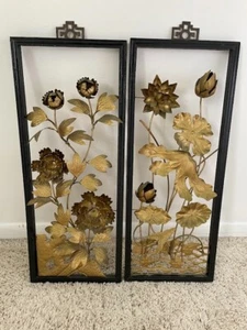 2 framed Mid Century Modern Era Flowers Brass Sculpture Wall Art Vintage 3-D - Picture 1 of 2
