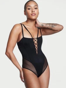 Victorias Secret LARGE Very Sexy Lace Up Corset Strappy Teddy Bodysuit Black - Picture 1 of 8