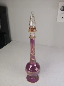 Vintage Hand blown Egyptian Glass Perfume Bottle floral cranberry Gold trim - Picture 1 of 10
