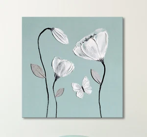 DUCK EGG BLUE & WHITE BUTTERFLY FLOWER PAINTING ZEN PICTURE CANVAS ART PRINT - Picture 1 of 3