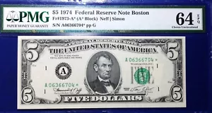 1974 $5 Federal Reserve Note Fr-1973-A*Boston PMG64 Choice EPQ - Picture 1 of 2