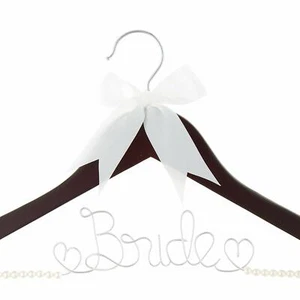 Bride to Be Wedding Dress Hanger Wooden and Wire, Accented Pearls Bow (Mahogany) - Picture 1 of 6