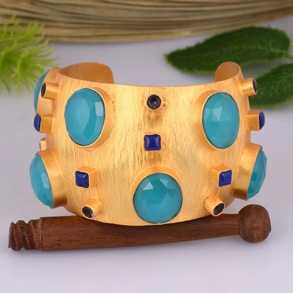 Brazalete Brazalete Ancho Chapado en Oro 18K Aqua Calcedonia Amatista Lapislázuli Joyería Foto 1 de 4