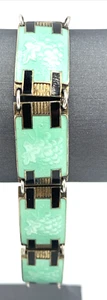 Sterling Silver Enamel Bracelet Pastel Green Grape Pattern 7.5" Signed TVA Vtg - Picture 1 of 7