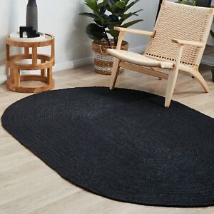 oval  Rug 100% braided black jute modern rug living reversible rustic look rug