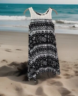 Girl’s Sundress Sz 12 Gauzy Black & White Boho Tribal Print Shark Bite Hem Dress - Image 1 of 4
